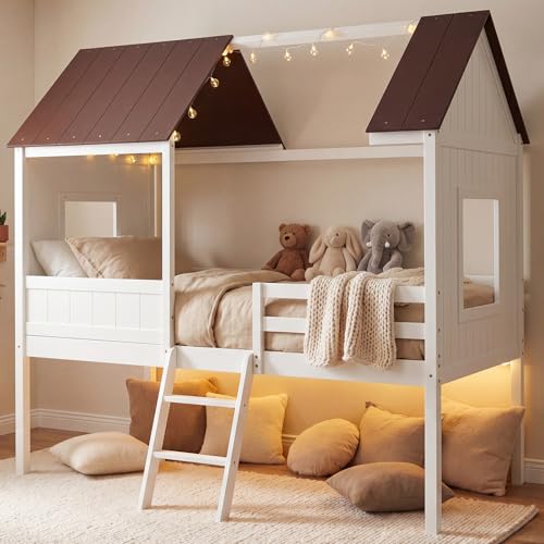 DUMOS House Shape Twin Size Floor Bed Wooden House Bed with 2-Step Ladder and Safety Guardrail Twin Bed Frame for Kids Teens No Box Spring Needed White