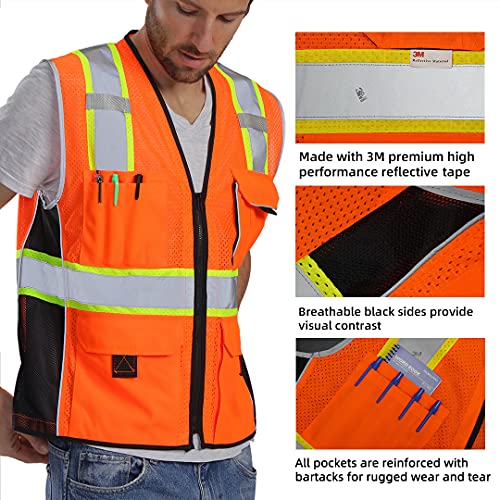 Dib Safety Reflective Vest Orange Mesh, High Visibility Vest with Pockets and Zipper, ANSI Class 2 Heavy Duty, Made with 3M Reflective Tape XL - Image 3