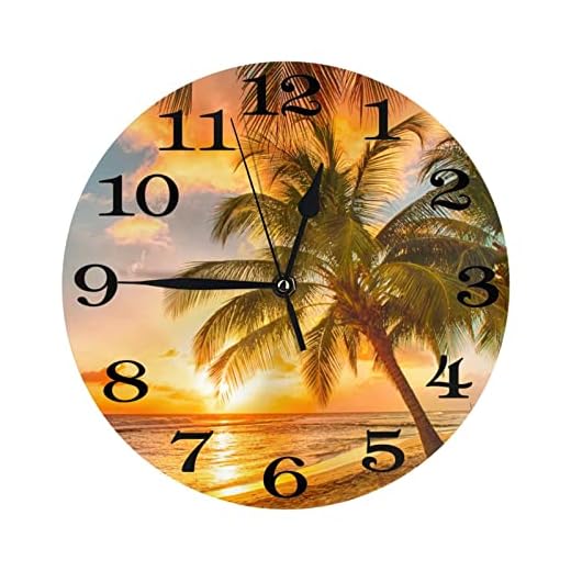 Palm Tree and Tropical Beach Wall Clock Battery Operated Silent Round Clock Sunset Over The sea Wall Decor for Home Office School, 12 Inch