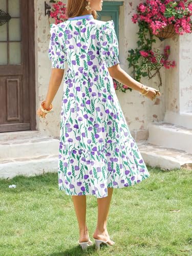 Image of Wenrine Womens Summer Floral Puff Short Sleeve V Neck Flowy Midi Dress | Casual,Ruffle Sleeve,Empire Waist,Swing,Boho,Beach,Vacation,Maxi Dress,with Pockets