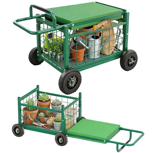 FLINTER Extra-Large Rolling Garden Cart and Kneeler, 2026 Heavy Duty Gardenning Cart with Seat and Kneeler - Garden Rolling Stools with Wheels for Seniors, Lawn, Patio & Backyard Gardening, Green by FLINTER - Used condition - US$54.38