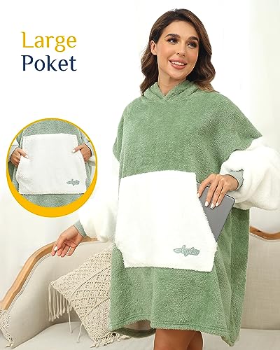 Argstar Übergroße Hoodie Decke tragbare Decken Hoodie leichte Kapuzendecke, kuschelige Samt-Decke,warmes Hoodie mit Tasche und elastischen Ärmeln für Erwachsene Damen und Herren Salbeigrün