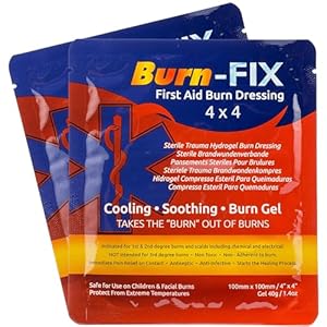 Burn-Fix-2 Pack-Burn Gel Dressing 4″ x 4″ Burn Care First Aid Treatment. Immediate Pain Relief Hydrogel Burn Dressing for 1st, 2nd Degree Burns, Chemical, Razor, & Sunburns for Home, Work, Fire, EMS.