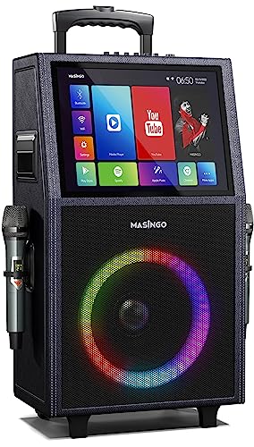 professional karaoke machine with lyrics display screen for adults, 2 wireless microphones, led lights, bluetooth portable pa speaker system with upgraded built in 15" tablet & wifi, allegro x8 2.0