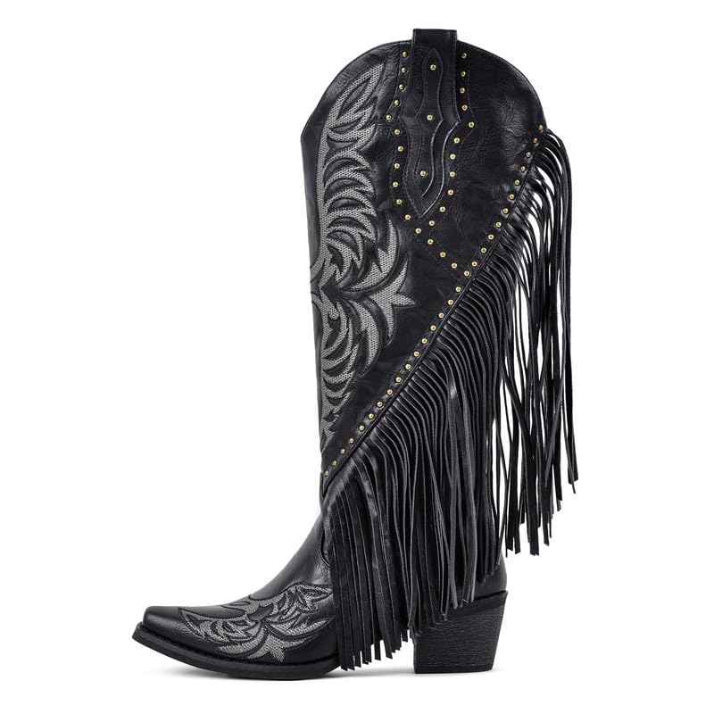 Cowboy Boots for Women Wide Calf Knee High Leather Fringe Cowgirl Boots Comfortable 2Inch Chunky Heel Side Zipper