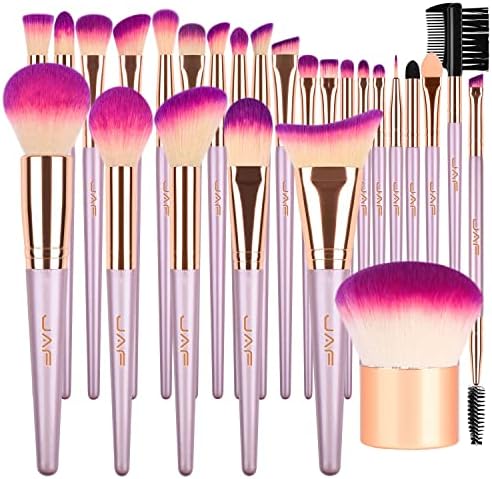 JAF 26pcs Makeup Brush Set Professional Kabuki Face Contour Brush Set Pink Complete Vegan Brush Kit Full Face Makeup Brushes Soft Make Pretty Cute Rose Gold Cosmetic brush set makeup Purple