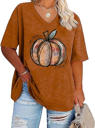 Plus Size V Neck Pumpkin T-Shirt Women Retro Graphic Halloween Tees Casual Loose Short Sleeve Fall Holiday Tops