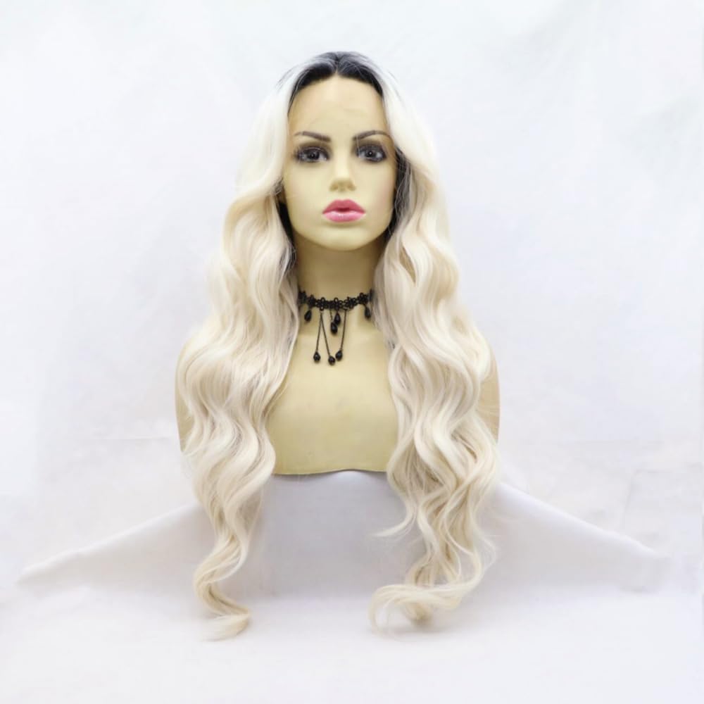 Xiweiya Platinum Blonde Wavy Wig Synthetic Lace Front Wigs with Dark Root Long Soft White Wavy Hair Replacement Wig for Women 24 inch