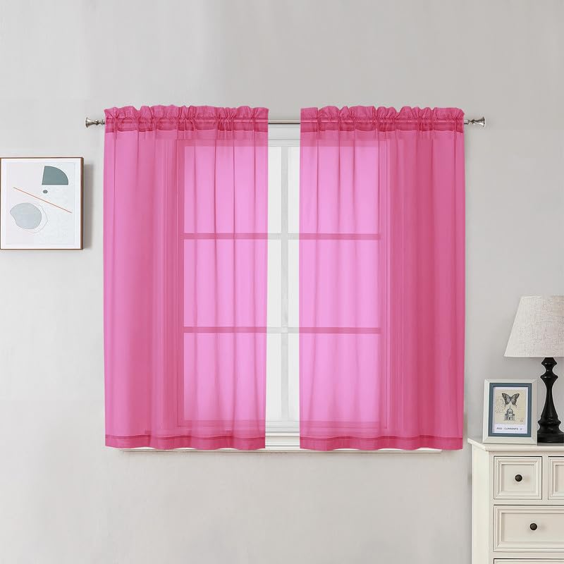 Image of OVZME Hot Pink Sheer Curtains 45 Inches Long 2 Panels - Soft Light Filtering Window Sheer Panels for Living Room /Bedroom, Top Dual Rod Pocket, 1 Pair, Each 42Wx45L Inches
