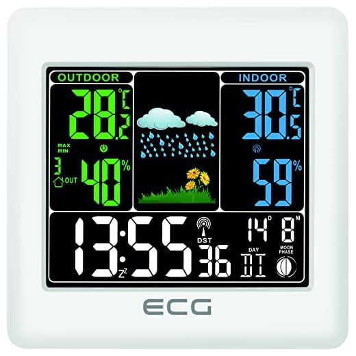 Station météo multifonction ECG MS 300 avec capteur extérieur sans fil, prévisions météo pour 1 jour, thermomètre, hygromètre, intérieur/extérieur (écran couleur), blanc