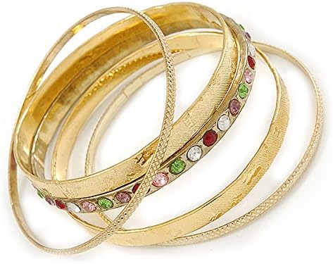 Avalaya Indian Style Multicoloured Crystal Textured Bangle Set of 5 In Gold Tone - 19cm L - Image 3