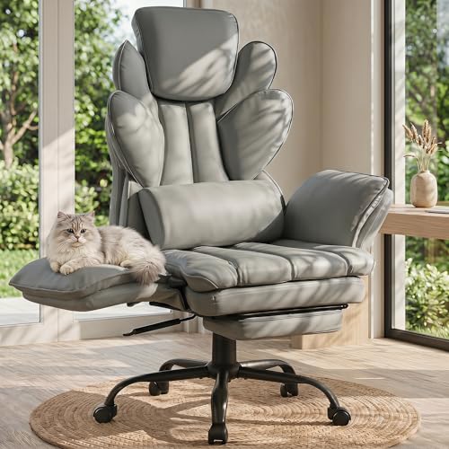 Image of Flip Armrests Criss Cross Office Chair, Reclining Office Chair with Foot Rest, Adjustable Headrest, Massage Waist Pillow, Cross Legged Big and Tall Desk Chair Wide Seat Vanity Chair, Grey PU Leather