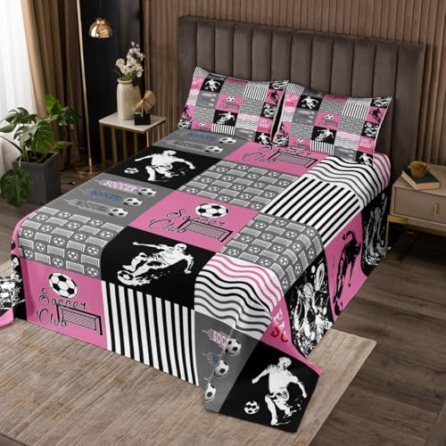 jejeloiu Football Bedspread Queen Size for Kids Teens Girls Woman Soccer Coverlet Set Ball Sports Theme Quilted Coverlet Soccer Ball Game Bedspread Cover Gaming Sports Pink and Gray
