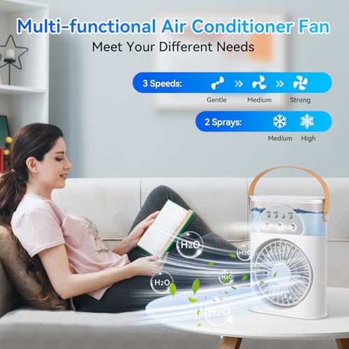 Portable Air Conditioner Cooling Fan, Rechargeable Mini Evaporative Personal Air Cooler Fan with 3 Speeds and 2 Spray, 1/2/3H Timer, 7 Night Light, for Room Bedroom, Office, Desk image 8