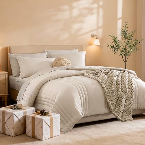 Monbix Queen Comforter Set - 7 Pieces Beige Bed in a Bag Queen Bedding Sets with Comforters, All Seasons Comforter Bed Set with Sheets,Pillowcases & Shams