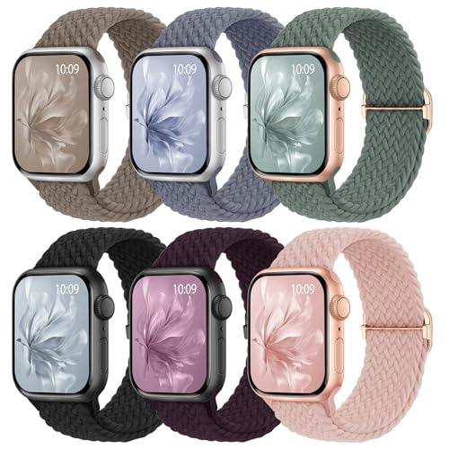 Image of 6 Pack Braided Stretchy Bands Compatible with Apple Watch Band 38mm 40mm 41mm 42mm 44mm 45mm 46mm 49mm Women Men, Adjustable Nylon Solo Loop Elastic Straps for iWatch Series 11 10 9 8 7 6 5 4 SE Ultra