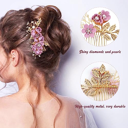 inSowni 20 Pack Purple Decorative Flower Bridal Wedding Hair Side Combs+U-shaped Flower Hair Pins+Twist Spiral Pearl Hair Pins Headpieces Accessories for Brides Bridesmaids Women Girls (Purple) - Image 2