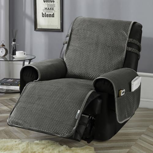 STONECREST Recliner Chair Cover, Water Resistant Velvet Quilted Slipcover, Stay in Place (Dark Grey/Grey, Recliner 23