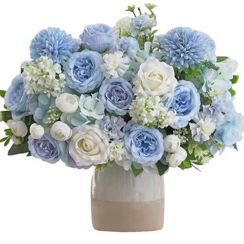 8 Pcs Mixed Artificial Peony Flowers Set-4 Bouquets & 4 Stems Blue Fake Peony Rose Hydrangea Flowers for Vase Silk Floral Arrangements for Table Centerpiece Wedding Party Bridal Decoration Home Decor