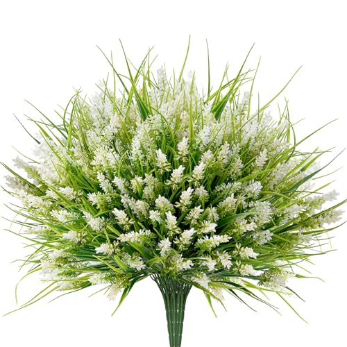 20 Bundles Artificial Plants Outdoor, UV Resistant Fake Flowers， Realistic Faux Lavender Shrubs for Porch Garden Window Box Home Decoration (White)