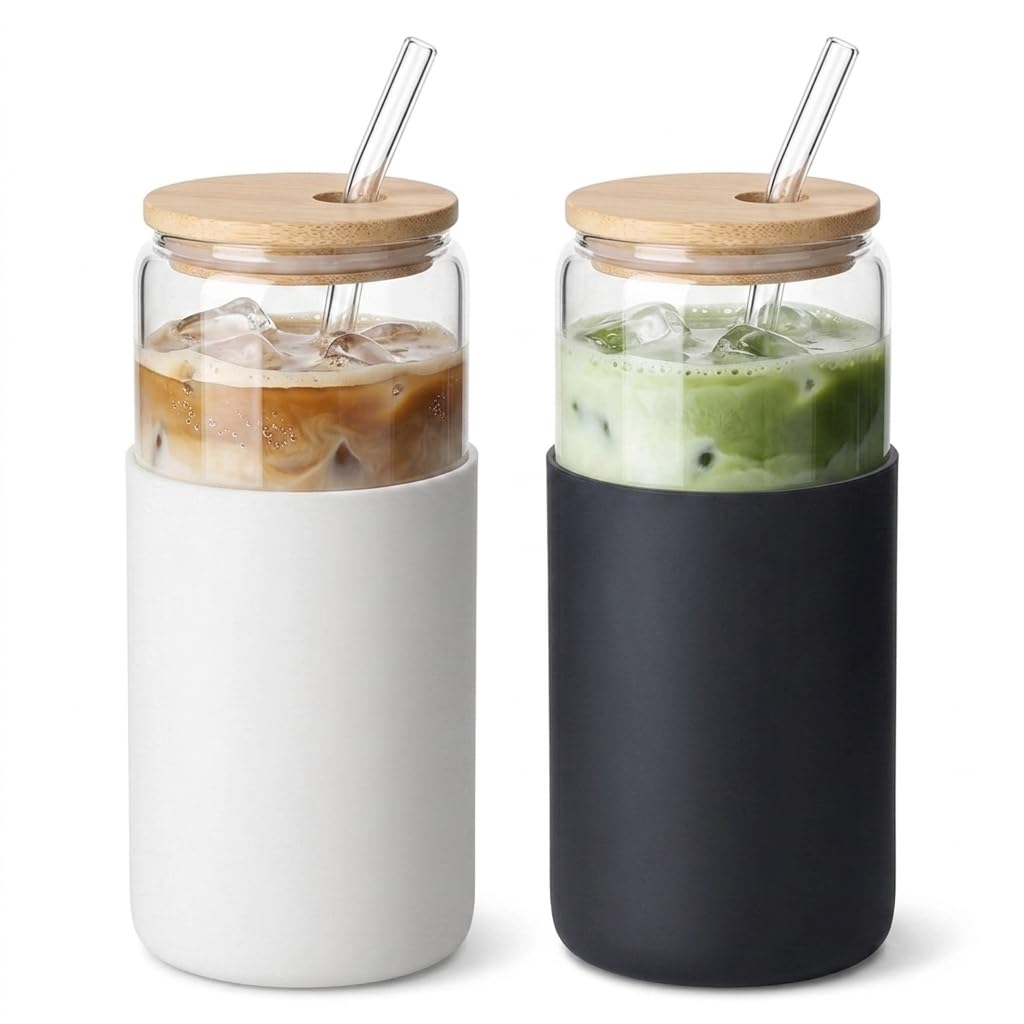 2 Pack Glass Tumbler with Silicone Sleeve & Bamboo Lid, 600ml Unbreakable Reusable Cup with Straw, Non-Slip Grip for Iced Coffee, Smoothies, Perfect for Travel, Office, Home Use