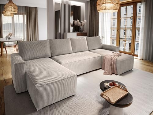 Ecksofa ASPRA mit Schlaffunktion U-Form, Sofa mit Bettkasten, Wohnzimmersofa, Couch, Soffa, Bettsofa, Couchgarnitur- Beige, POSO 02 – Bild 5