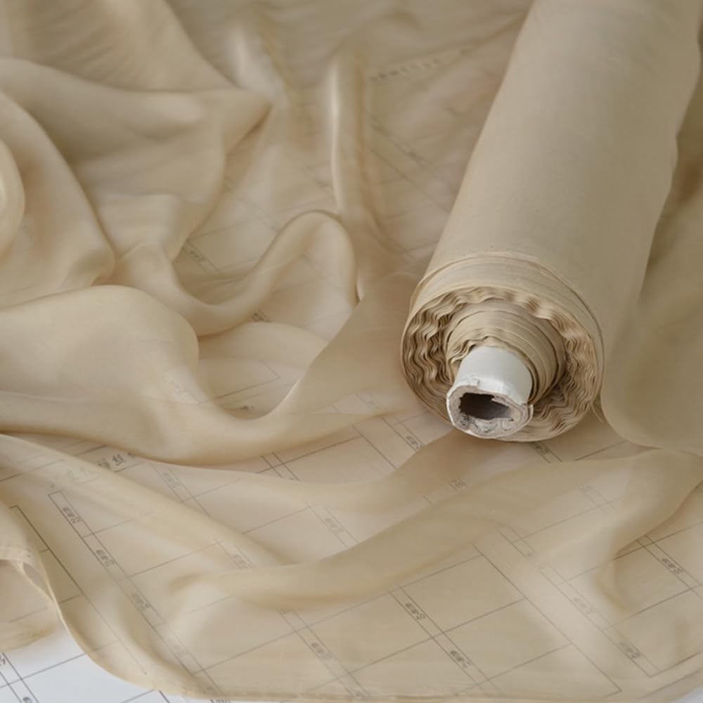 100% Soft Chiffon Silk Fabric, 5.5 mommes Thick. It is Used for DIY Sewing of Clothes, Wedding Dresses and Handicraft Production. Width: 53 inches. Length: 1 Yard. (Khaki. 14)