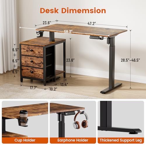 Image of REAHOME Electric Standing Desk with Drawers, 47 x 24 Inches Height Adjustable Sit Stand Desk with Storage, 3 Memory Preset Home Office Computer Desk, Printer Cabinet, Cable Management, Rustic Brown