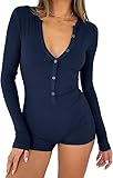 REVETRO Womens Long Sleeve Romper Sexy V Neck Shorts Jumpsuits for Women Y2k One Piece Bodycon Yoga Sport Outfit Onesie Bodysuit With Button Blue M