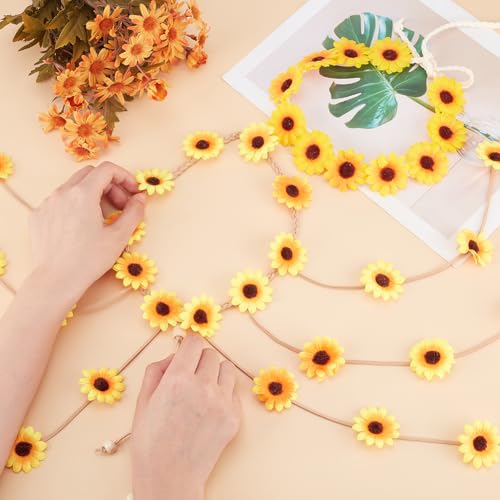 CRASPIRE 2Pcs Sunflower Crown Headbands Flower Boho Crown with Tassel Hippie White Hair Wreath Headbands Adjustable Headpiece Hair Accessories for Women Girls Bridal Prom Wedding Party - Image 3