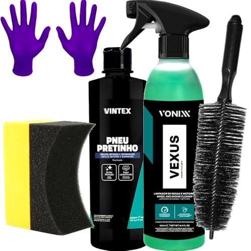 Kit Limpeza de Rodas Automotivas Vexus Vonixx Limpador de Rodas e Pneu Pretinho Vintex Escova Aplicador e Luva