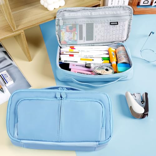 Image of Pencil Case Large Capacity Pencil Pouch Pen Bag with Handle, Portable Pencil Case Pencil Bags with Zipper Student Stationery Bag for Girls and Boys Teen Adults Men Women (Light Blue)