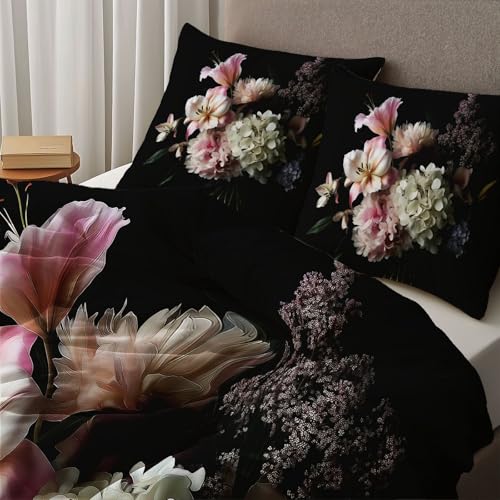 Easy Care Duvet Cover, Plant Peony print Reversible Bedding Set Wrinkle Resistant, Black Soft Brushed Microfibre Quilt Cover with Zipper Closure Super King - Image 2