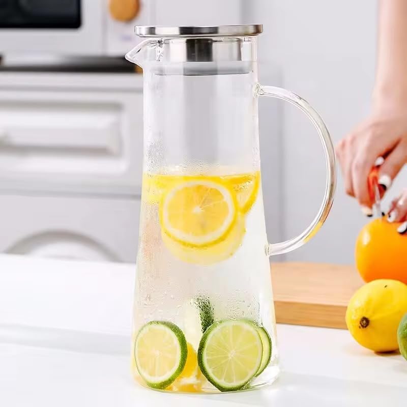 Image of PrimeWorld 1 pc 1.5 Litre Borosilicate Glass jug with Lid Stainless Stell Air Tight Water Pitchers with Handle for Fridge,Carafe for Hot /Cold Drink,Iced Tea, Coffee,Juice,Milk,Beverage