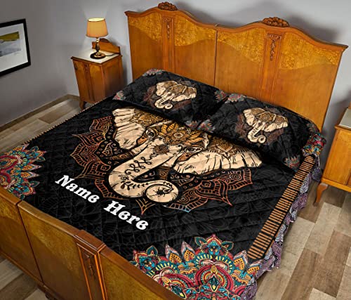 Custom Elephant Mandala Pattern Animal Lover Unique Gift Personalized Name Quilt Blanket & Pillowcases, Quilts Bedding Set & Pillow Cover, King Queen Double Twin Throw Full Size Bedspread Bed Sets #TOP2