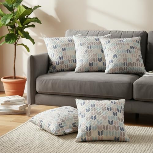 Image of STITCHNEST 'QuadraNest' Series Printed Quilted Velvet Cushion Cover 16x16 Inch Set of 5 | Premium Soft Fabric, Washable & Fade Resistant | Decorative Living Room Cushion Covers | Beige & Blue Chevron