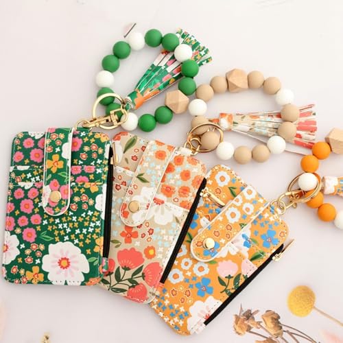 Sakesfor Boho Beaded Wallet Keychain, Boho Wallets for Women, Women's Wallet with Flower Pattern, Beaded&tassel Decorated Keychain, Credit Card Holder Purse for Women (Khaki)3