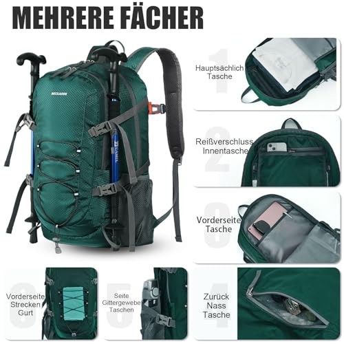BECOJADDE Wanderrucksack Herren Damen 40L Ultraleichter Faltbarer Rucksack Wasserdichter Reiserucksack Trekkingrucksack mit Nassfach für Wandern, Reisen, Radfahren und Klettern, Grün