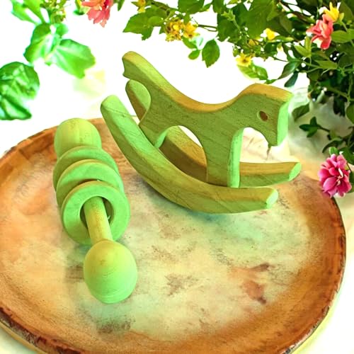 Image of Pocket-Sized Mini Swing Horse | Dumbbell with Rings | Wooden Rattle Teether Toys for Babies | Safe Imaginative Play | Hand-Eye Coordination