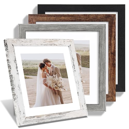 Hongkee 10x10 Picture Frame Set of 4, Real Glass and Wooden Frame, 8x8 Mat