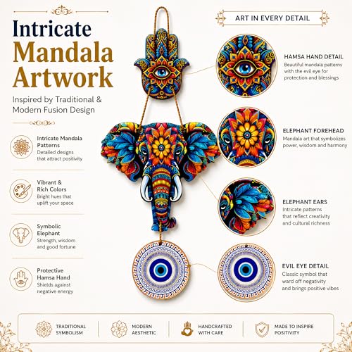 Image of Evil Eye Wall Hanging for Home Entrance Door | Nazar Battu Vastu Decor | Hamsa Hand Elephant Wall Decor | MDF Mandala Art Hanging | Good Luck Gift for Diwali Housewarming Bedroom Office
