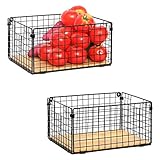 X-cosrack Foldable Wire Baskets with Bamboo Bottom Tray, Set of 2, Wall Mounted Metal Food Organizer...
