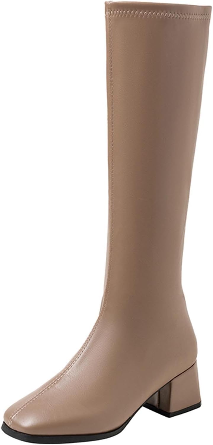 Women's Knee High Boots Chunky Heel Fashion Boot, Slimming Solid Color Pointed Toe Long Booties for Warm Winter