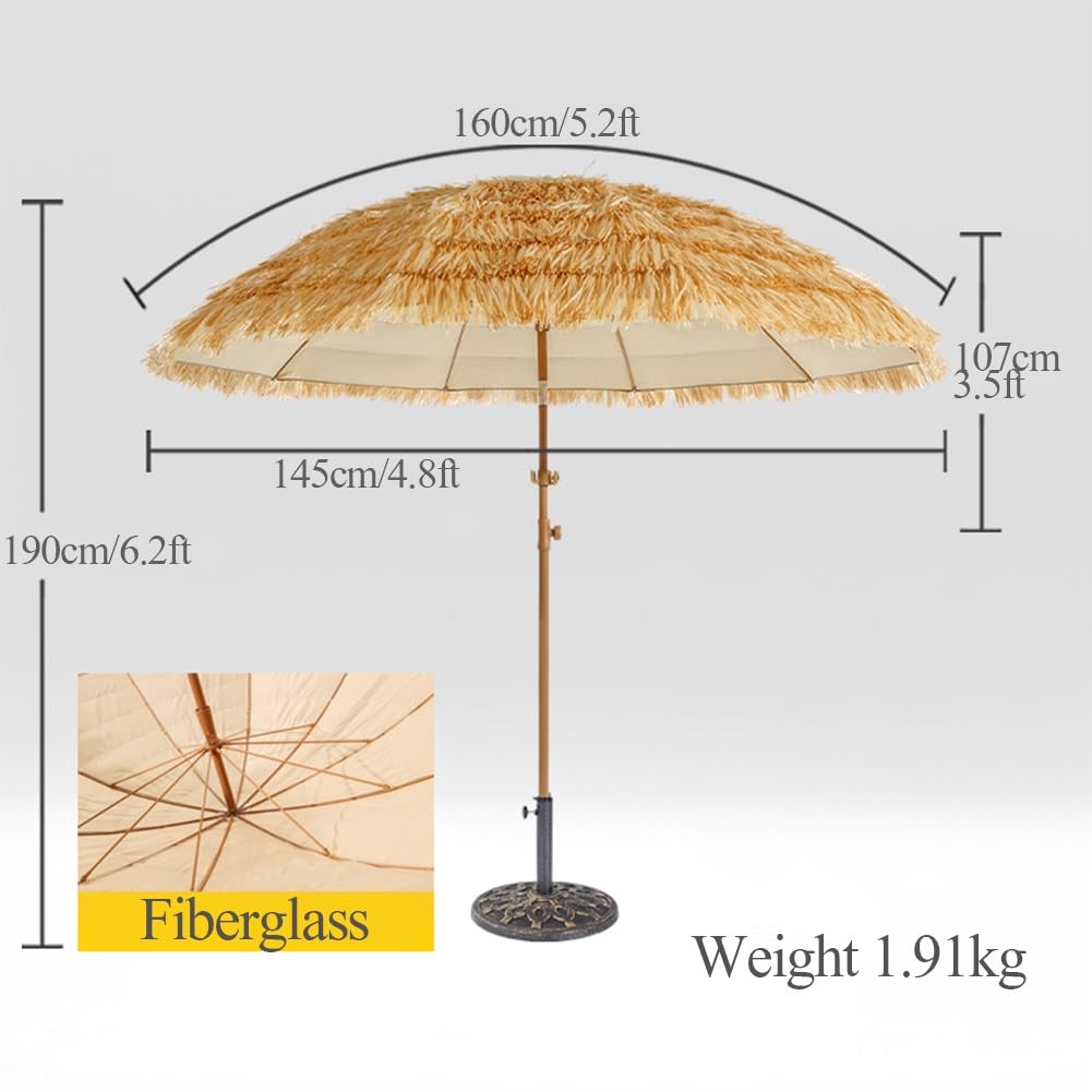 Ombrellone da Spiaggia Tropicale Antivento in Stile Tiki con palo in Ferro inclinabile e 10 Stecche in Fibra di Vetro, Parasole Portatile per Esterni, Ideale per Spiaggia e Giardino, con BOR