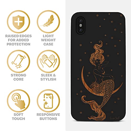 Caseyard Wood Phone Case For Iphone Xs Max Laser Engraved Mermaid On The Moon Design Black Wood Compatible Iphone Case Protective Shockproof Slim Fit Cell Phone Cover For Men & Women #TOP3