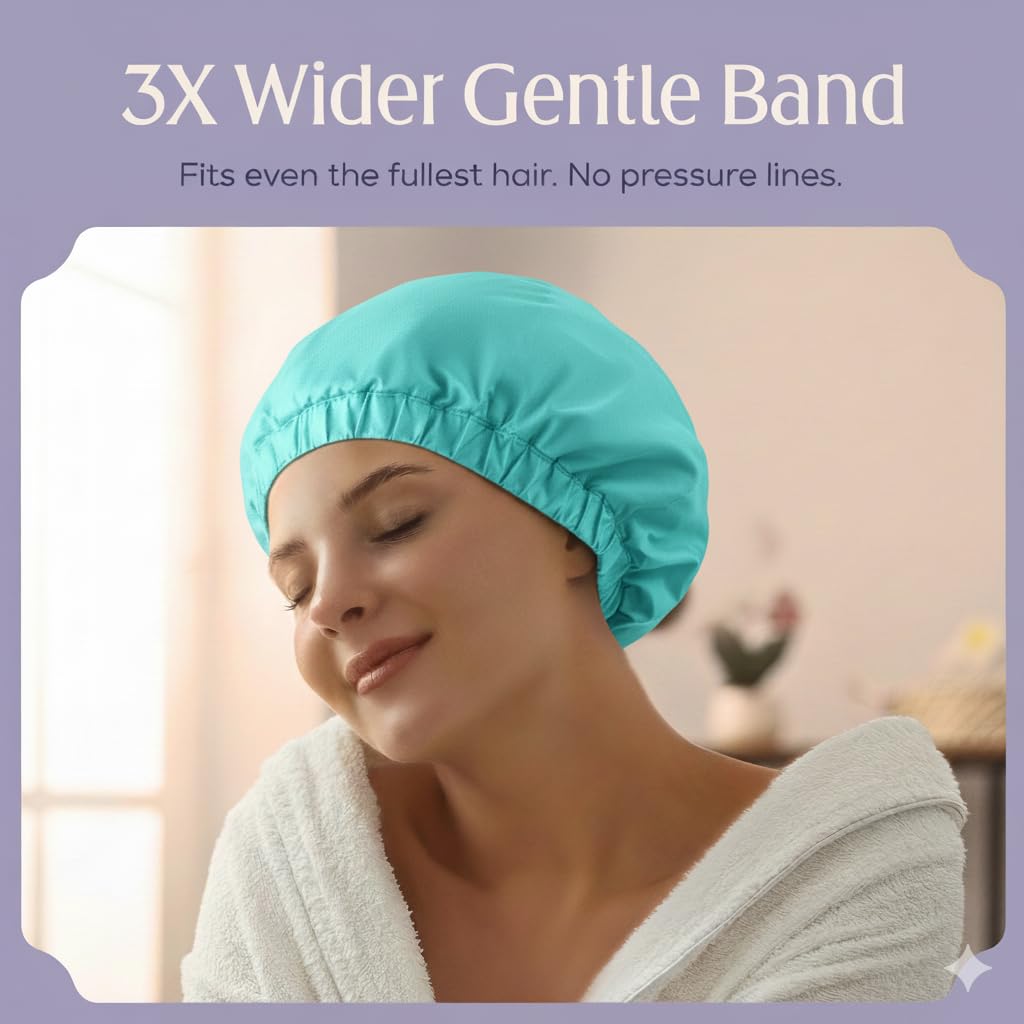 Gorro de ducha de alta calidad para mujer, más de 1000 duchas, 100% impermeable, doble cara, grande para cabello largo e ideal para rizos (forro de tela de rizo antiencrespamiento), color turquesa.