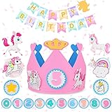 🦄【Decoración de Fiesta de Cumpleaños de Unicornio】 Nuestro conjunto contiene una corona de cumpleaños de unicornio ajustable, 10 números (0 a 9), 4 figuras de unicornio, 1 círculo de estrella, 1 círculo de unicornio y 1 pancarta de feliz cumpleaños de unicornio.