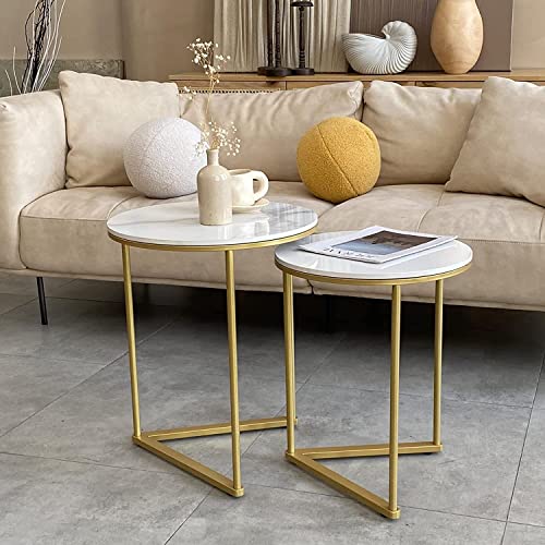 Image of Marble Top Side Table Gold 2 Nesting Small Sofa End Table Round Bedside High Gloss Sintered Marble Tabletop Golden Metal Leg Nested Accent Table Living Room Office (Style-3)