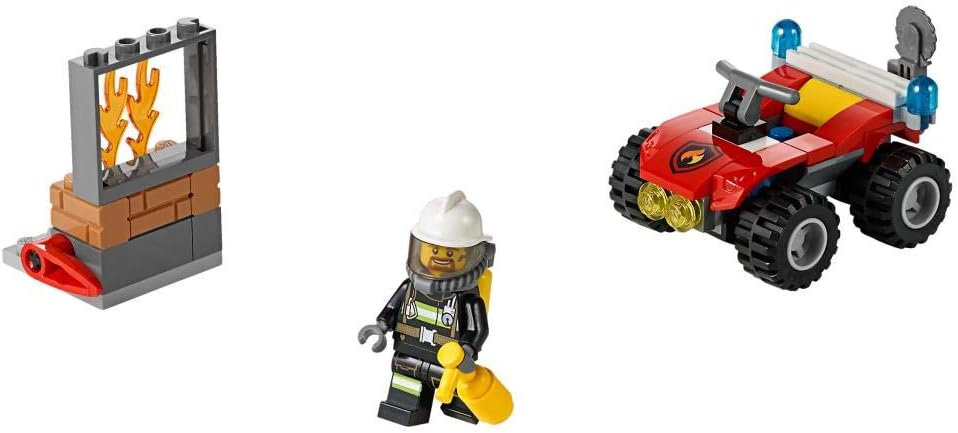 Individual LEGO components of the Fire All-Terrain Vehicle set, including the ATV, minifigure, and ruin parts.