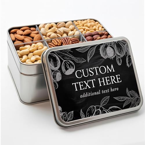 Personalized Nuts Gift Basket, Custom Assorted Nuts Gift Box, 6 Sectional Gourmet Mixed Nuts in Rectangle Tin, 2 lbs. (Freeform Rectangle 2)